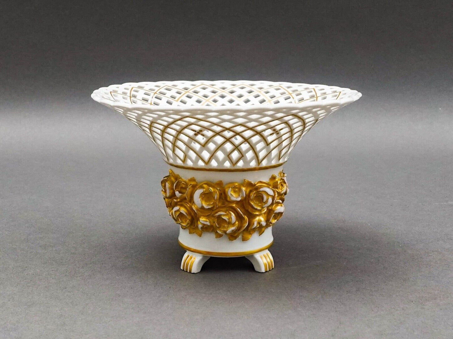 KPM Antique White Gold Floral Porcelain Reticulated Basket Compote Pedestal Bowl