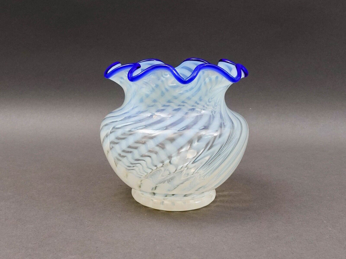 Fenton Blue Ridge Opalescent White Optic Swirl Art Glass Vase 4 5/8"