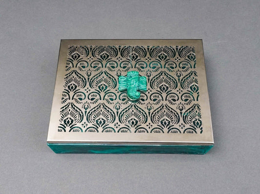 Bespoke Home Jewels Malachite Elephant Cut Silver Metal Lid Jewlery Trinket Box