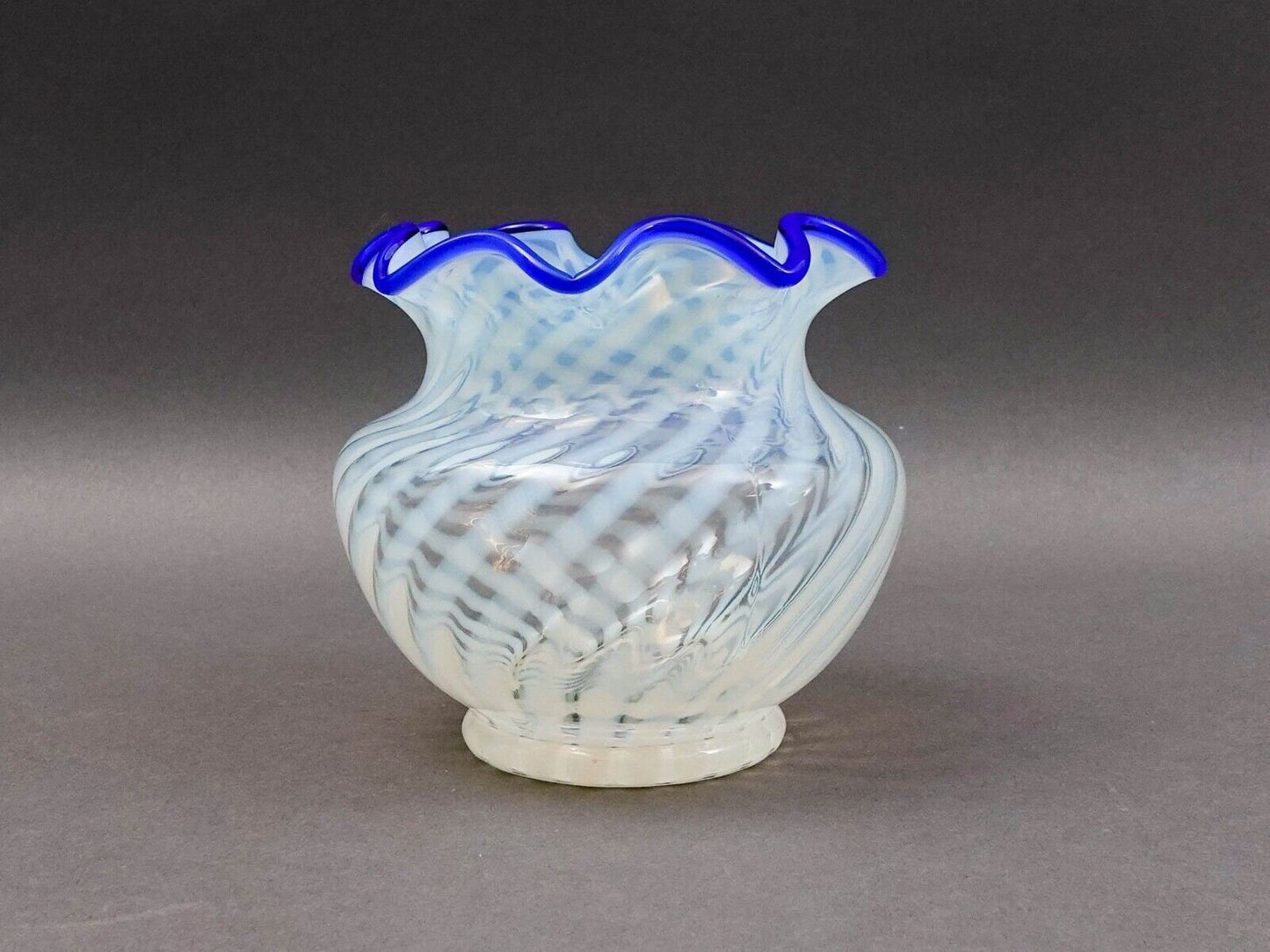 Fenton Blue Ridge Opalescent White Optic Swirl Art Glass Vase 4 5/8"
