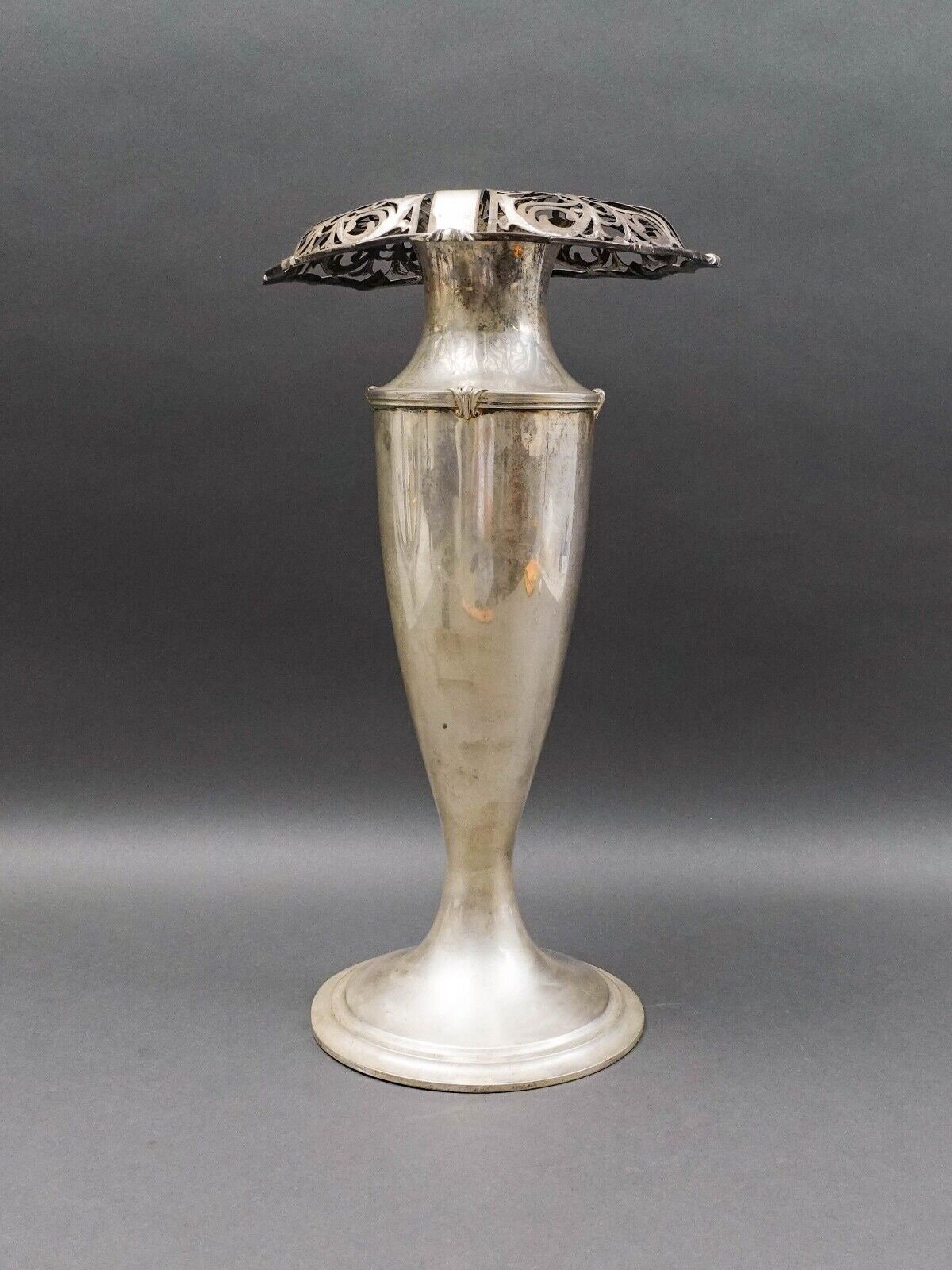 Antique Monumental Sterling Silver Art Nouveau Openwork Everted Rim Vase 17 1/2"