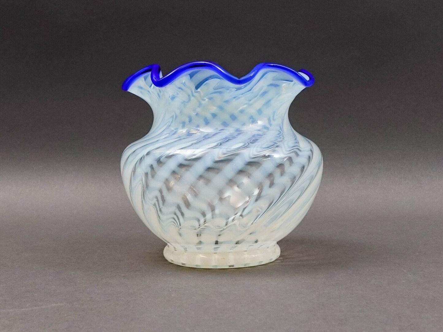 Fenton Blue Ridge Opalescent White Optic Swirl Art Glass Vase 4 5/8"