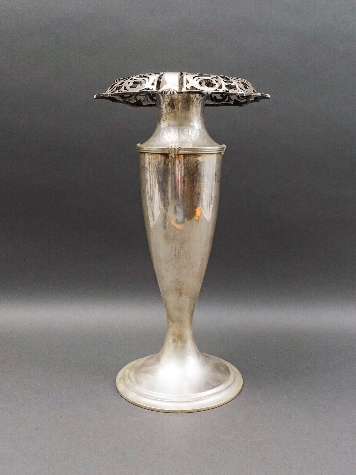 Antique Monumental Sterling Silver Art Nouveau Openwork Everted Rim Vase 17 1/2"
