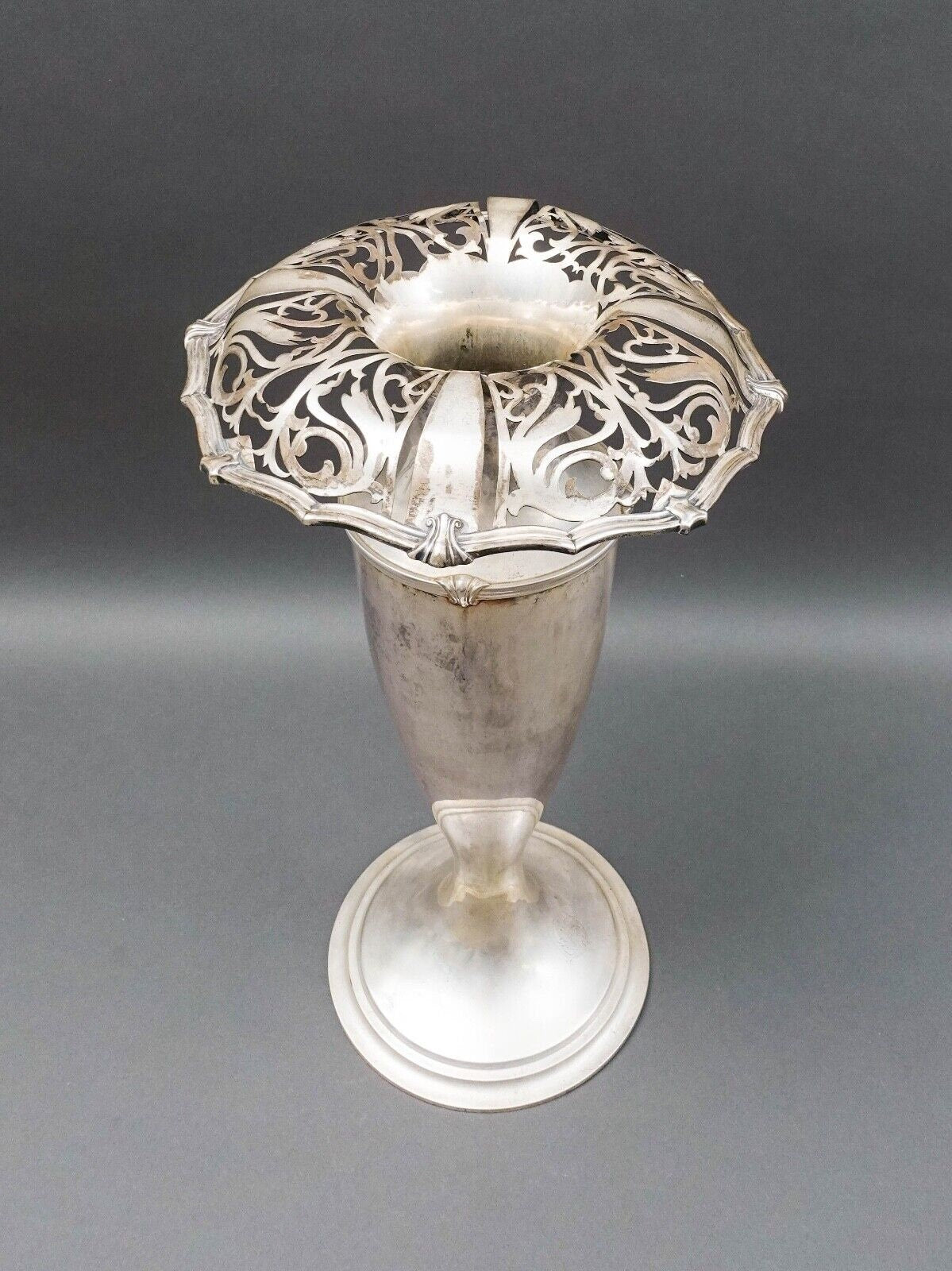 Antique Monumental Sterling Silver Art Nouveau Openwork Everted Rim Vase 17 1/2"