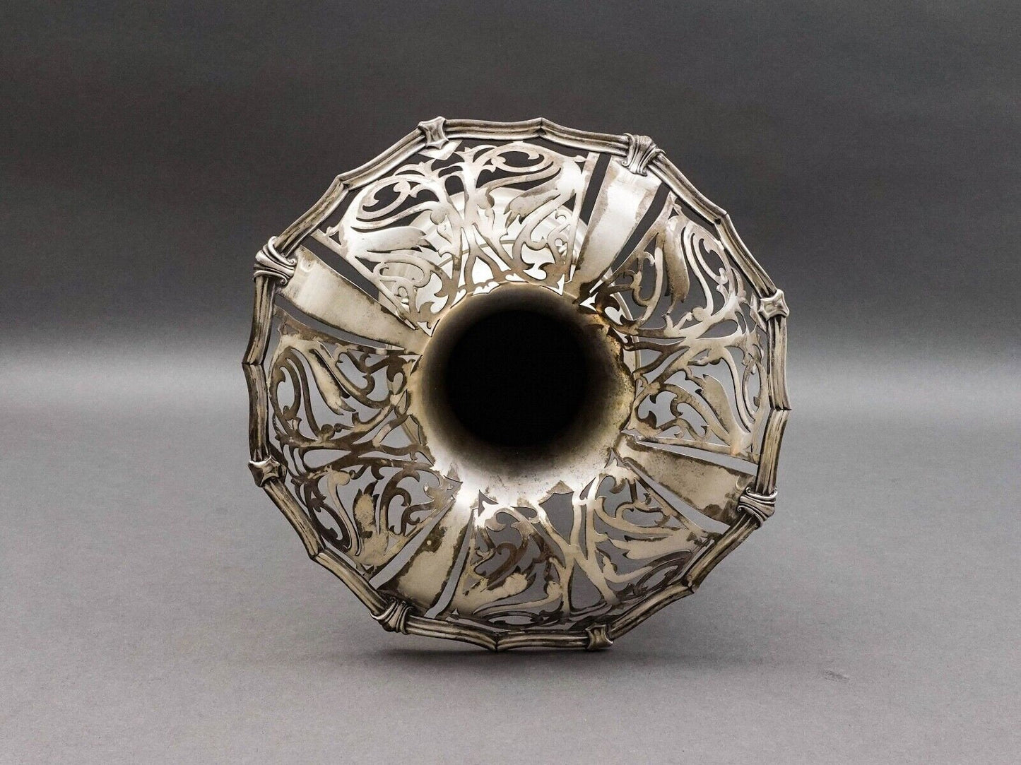 Antique Monumental Sterling Silver Art Nouveau Openwork Everted Rim Vase 17 1/2"