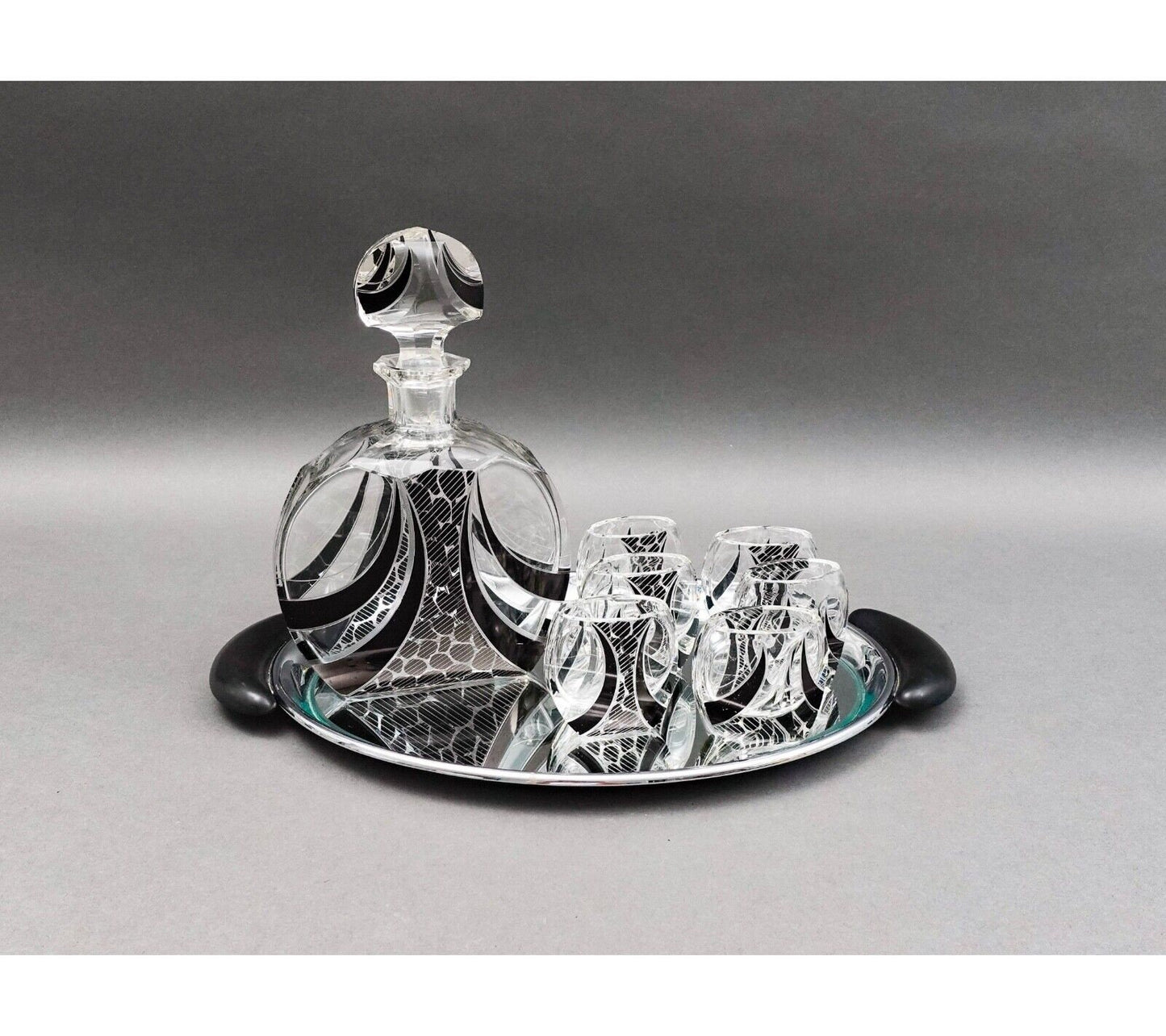 Carl Palda Haida Czech Bohemian Art Deco Decanter 6 Glasses Set With Tray (Read)