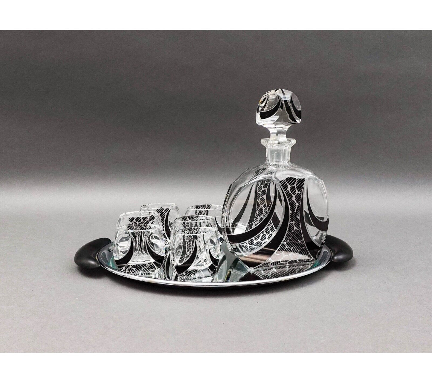 Carl Palda Haida Czech Bohemian Art Deco Decanter 6 Glasses Set With Tray (Read)