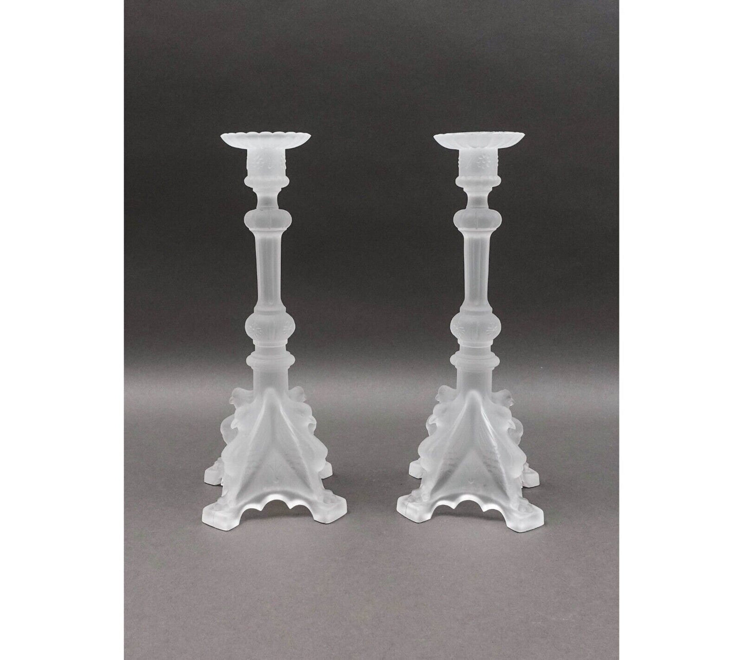 Val St Lambert Signed Pair Of Frosted Crystal Candlestick Candle Holders