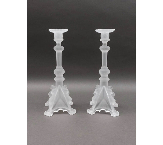 Val St Lambert Signed Pair Of Frosted Crystal Candlestick Candle Holders