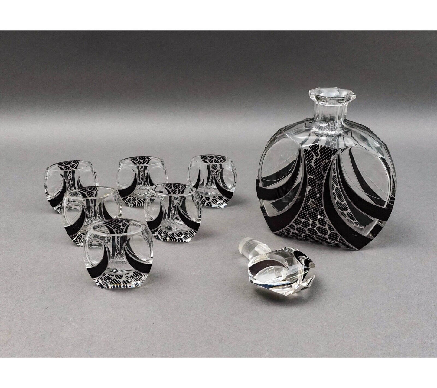 Carl Palda Haida Czech Bohemian Art Deco Decanter 6 Glasses Set With Tray (Read)