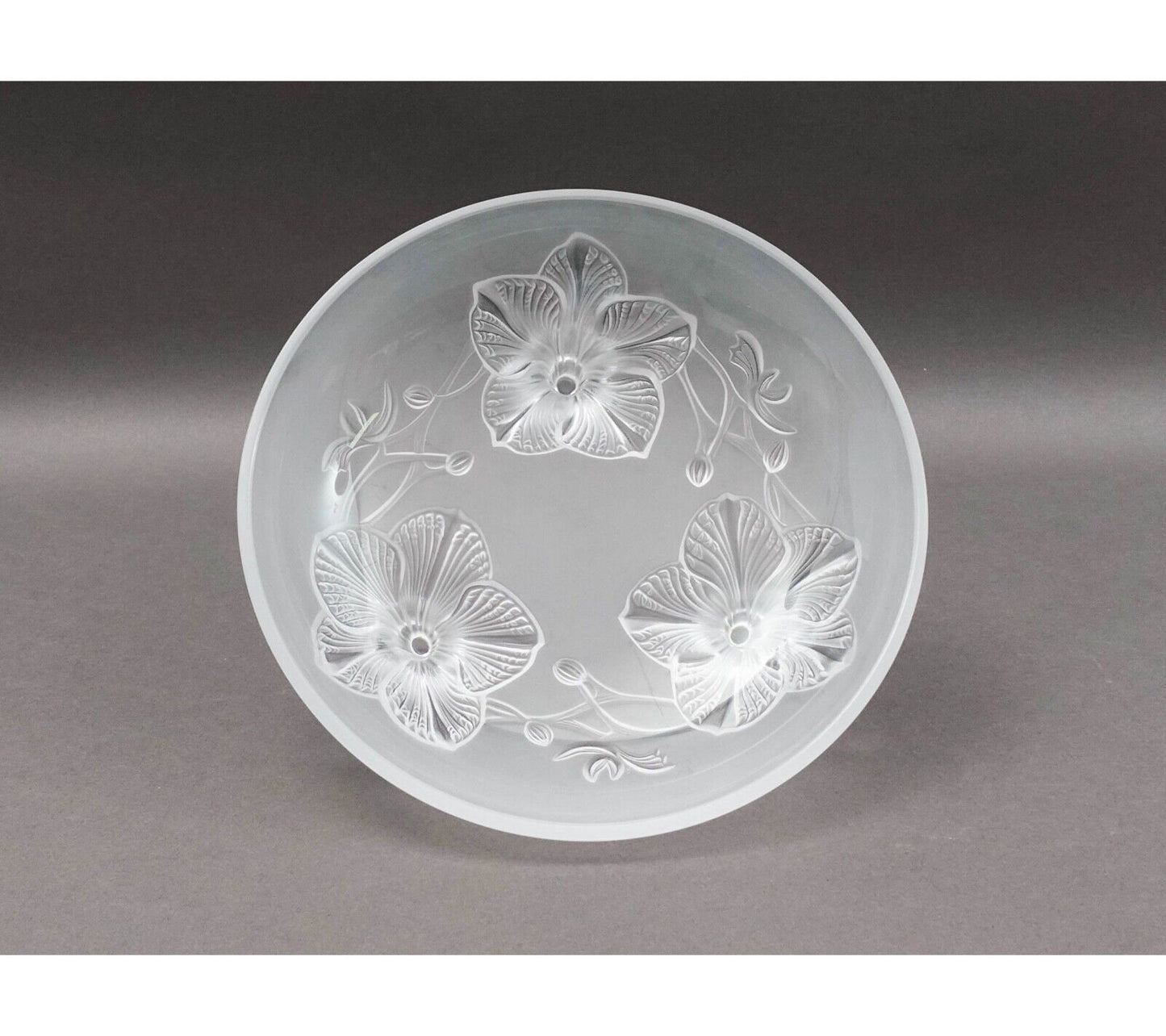Lalique France Signed Orchidee Lys Orchid Three Footed Crystal Centerpiece Bowl