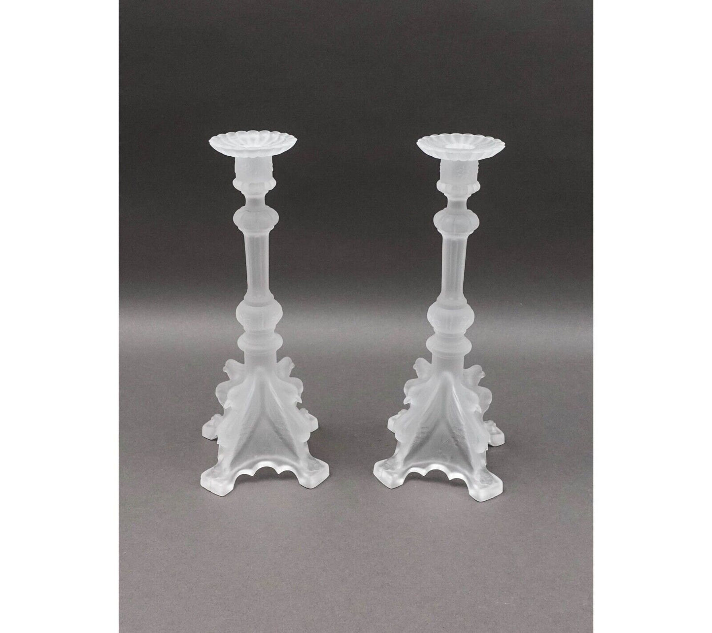 Val St Lambert Signed Pair Of Frosted Crystal Candlestick Candle Holders