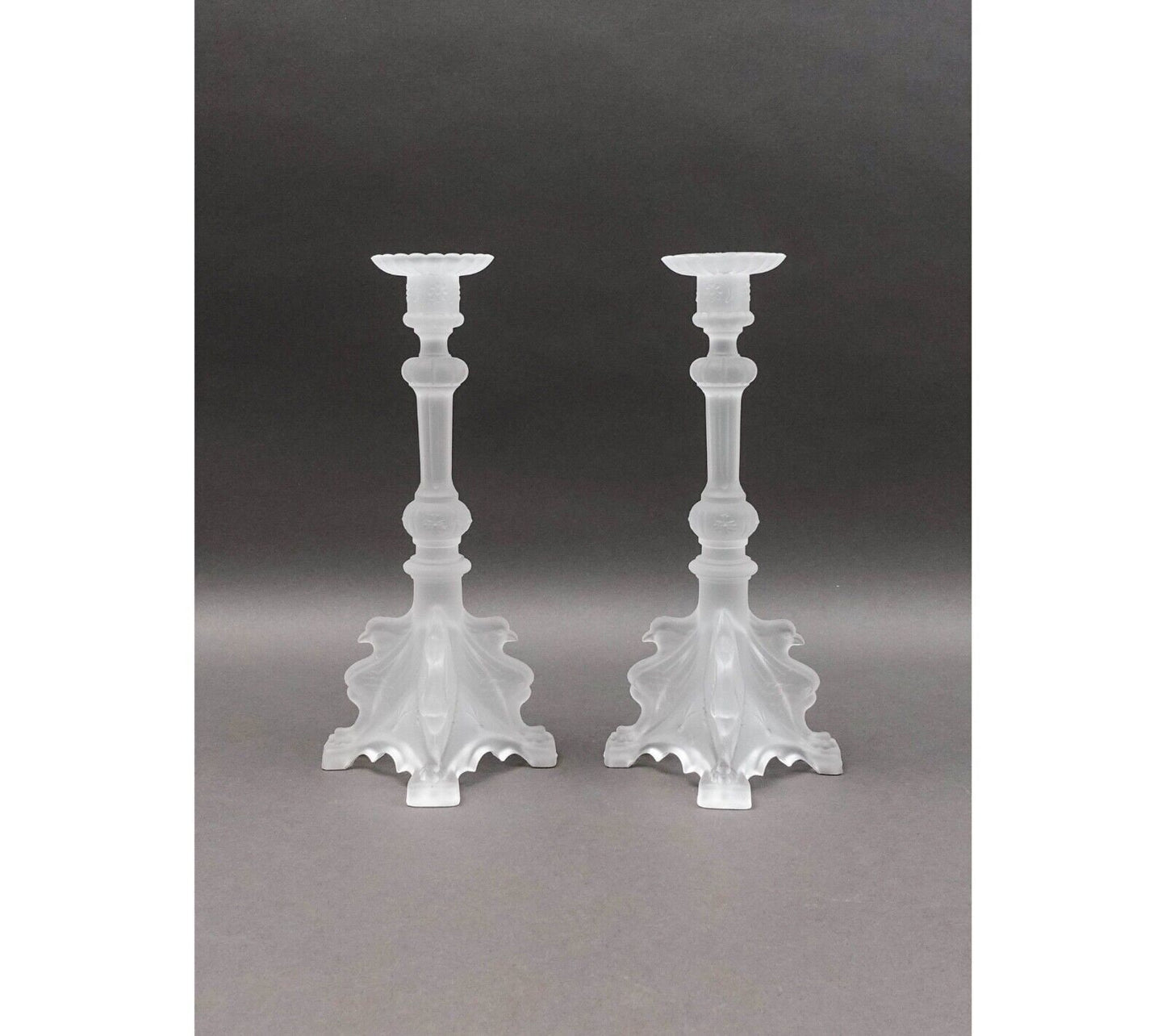 Val St Lambert Signed Pair Of Frosted Crystal Candlestick Candle Holders