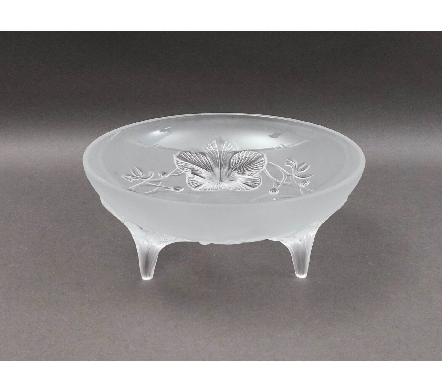 Lalique France Signed Orchidee Lys Orchid Three Footed Crystal Centerpiece Bowl