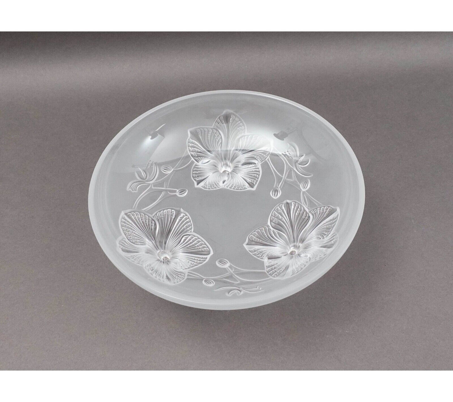 Lalique France Signed Orchidee Lys Orchid Three Footed Crystal Centerpiece Bowl