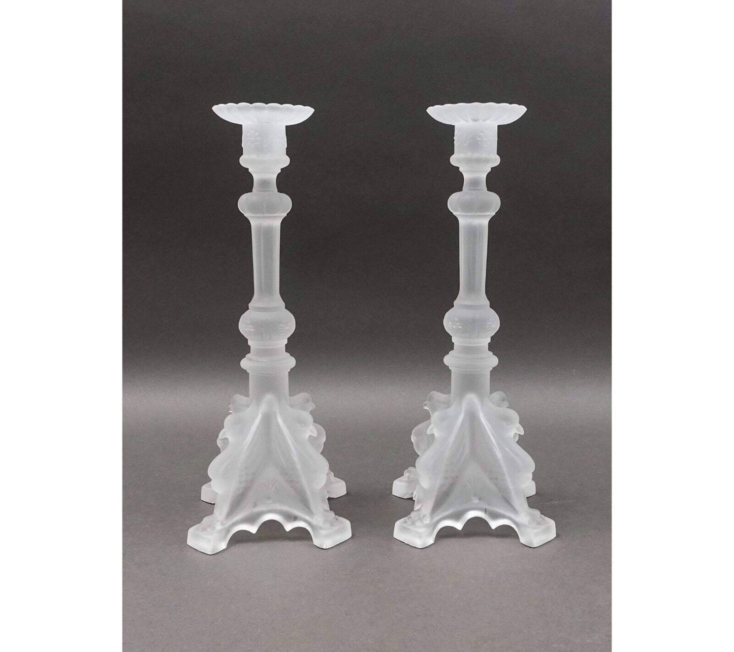 Val St Lambert Signed Pair Of Frosted Crystal Candlestick Candle Holders