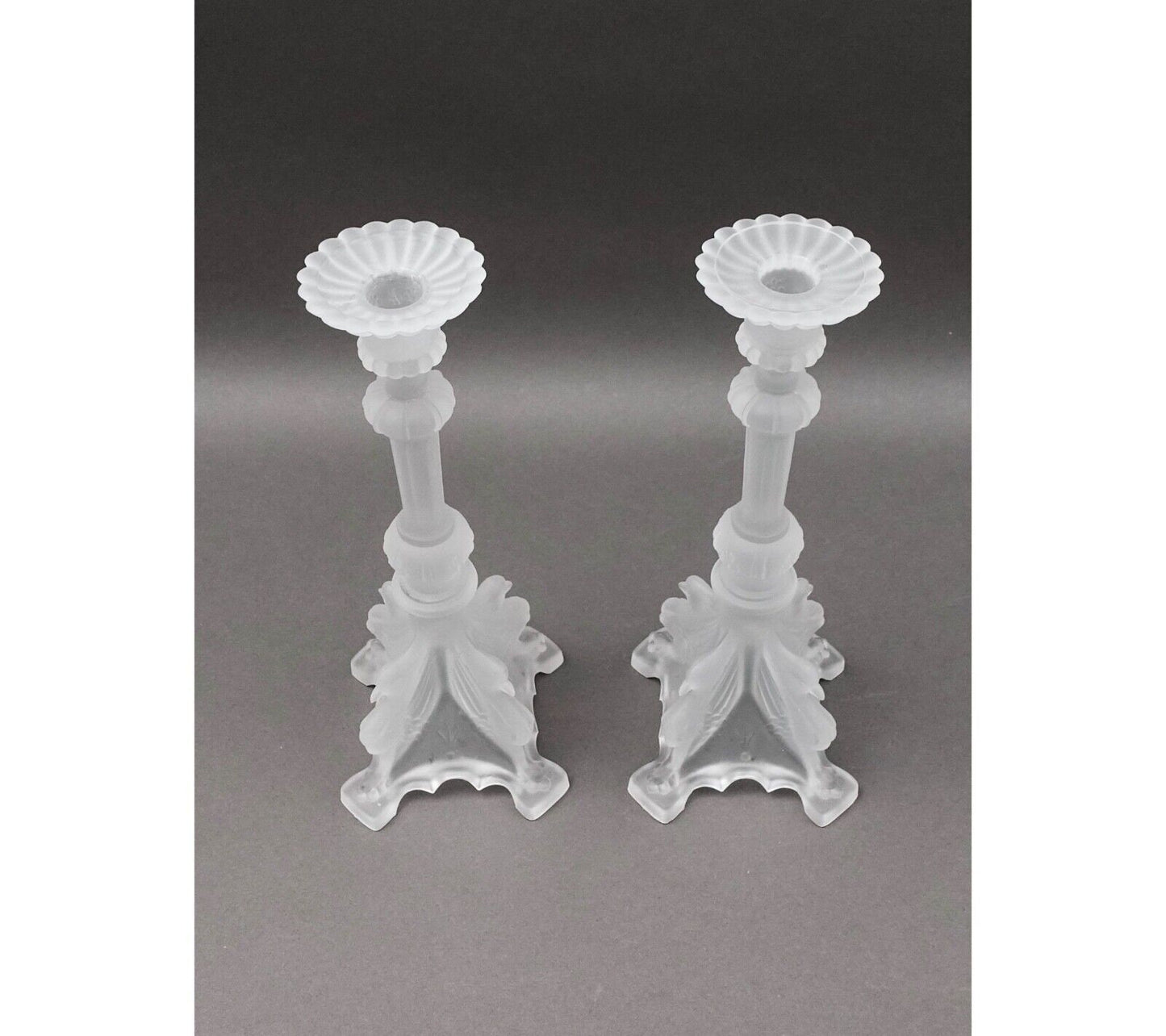 Val St Lambert Signed Pair Of Frosted Crystal Candlestick Candle Holders