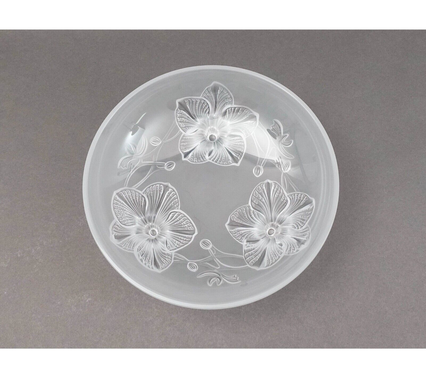 Lalique France Signed Orchidee Lys Orchid Three Footed Crystal Centerpiece Bowl