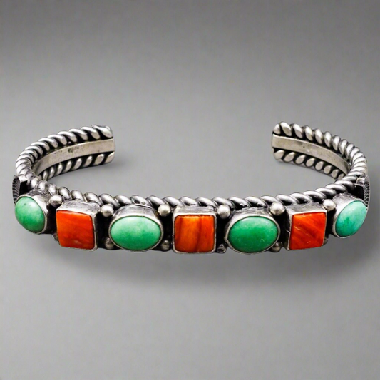 David Reeves Navajo Vintage Sterling Silver Coral Turquoise Row Cuff Bracelet