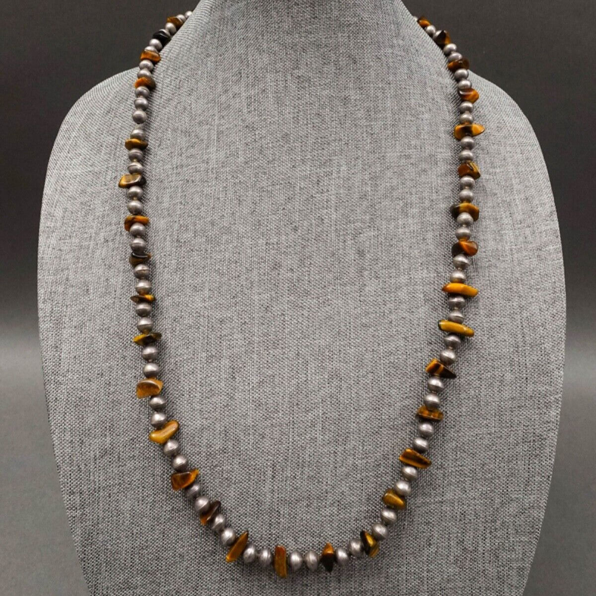 Navajo Native American Tiger Eye 925 Sterling Silver Beaded 30" Necklace 77g