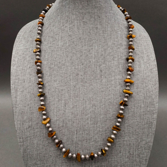 Navajo Native American Tiger Eye 925 Sterling Silver Beaded 30" Necklace 77g