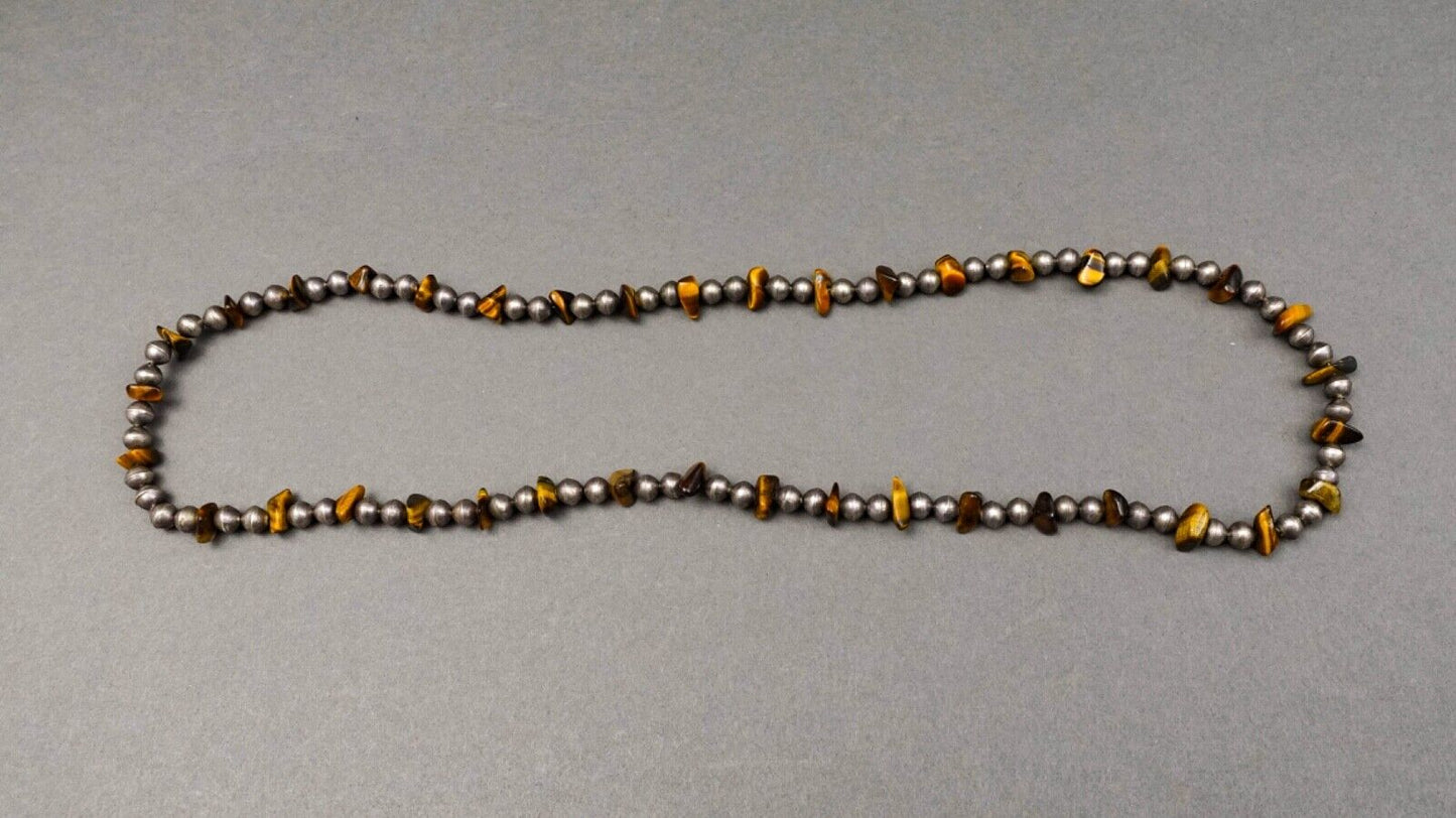 Navajo Native American Tiger Eye 925 Sterling Silver Beaded 30" Necklace 77g