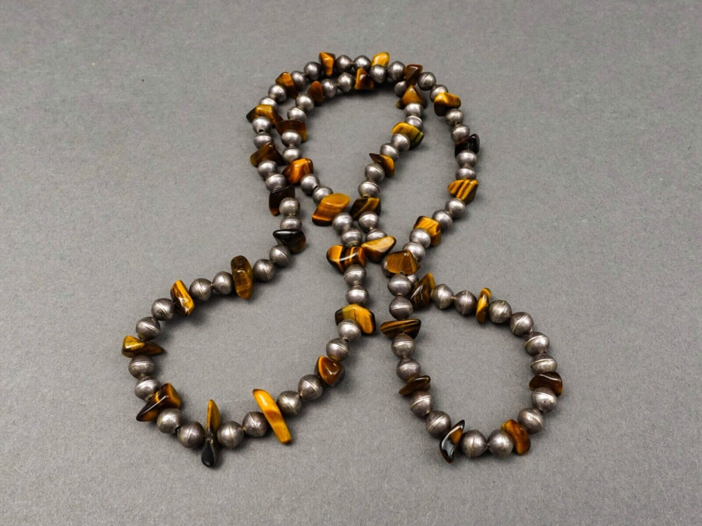 Navajo Native American Tiger Eye 925 Sterling Silver Beaded 30" Necklace 77g