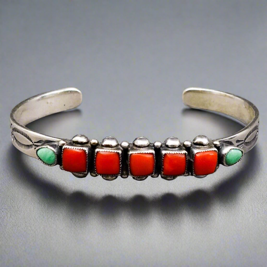 Leo Feeney Navajo Vintage Sterling Silver Red Coral Turquoise Row Cuff Bracelet