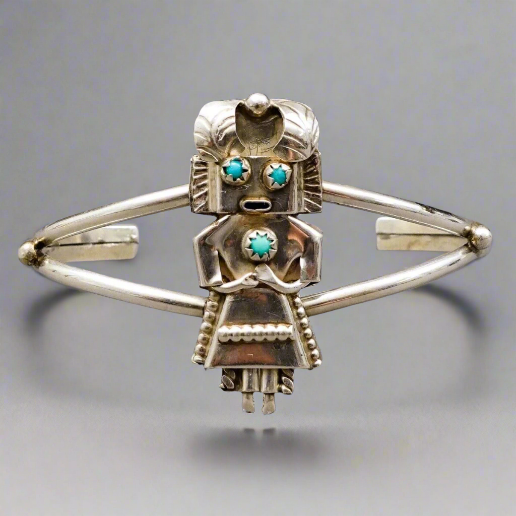 Navajo Vintage Kachina Turquoise Sterling Silver Cuff Bracelet 6 1/2"