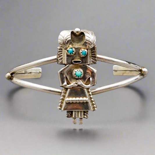 Navajo Vintage Kachina Turquoise Sterling Silver Cuff Bracelet 6 1/2"