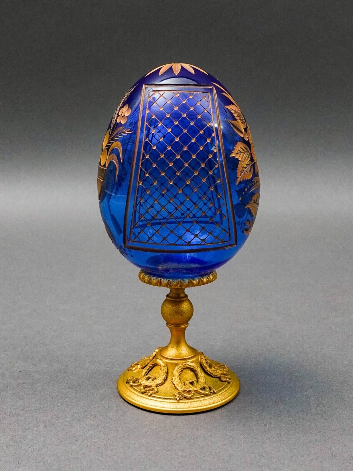 Faberge Cobalt Blue Cut Crystal Gold Gilt Rose Flower & Fruit Basket Egg #0681