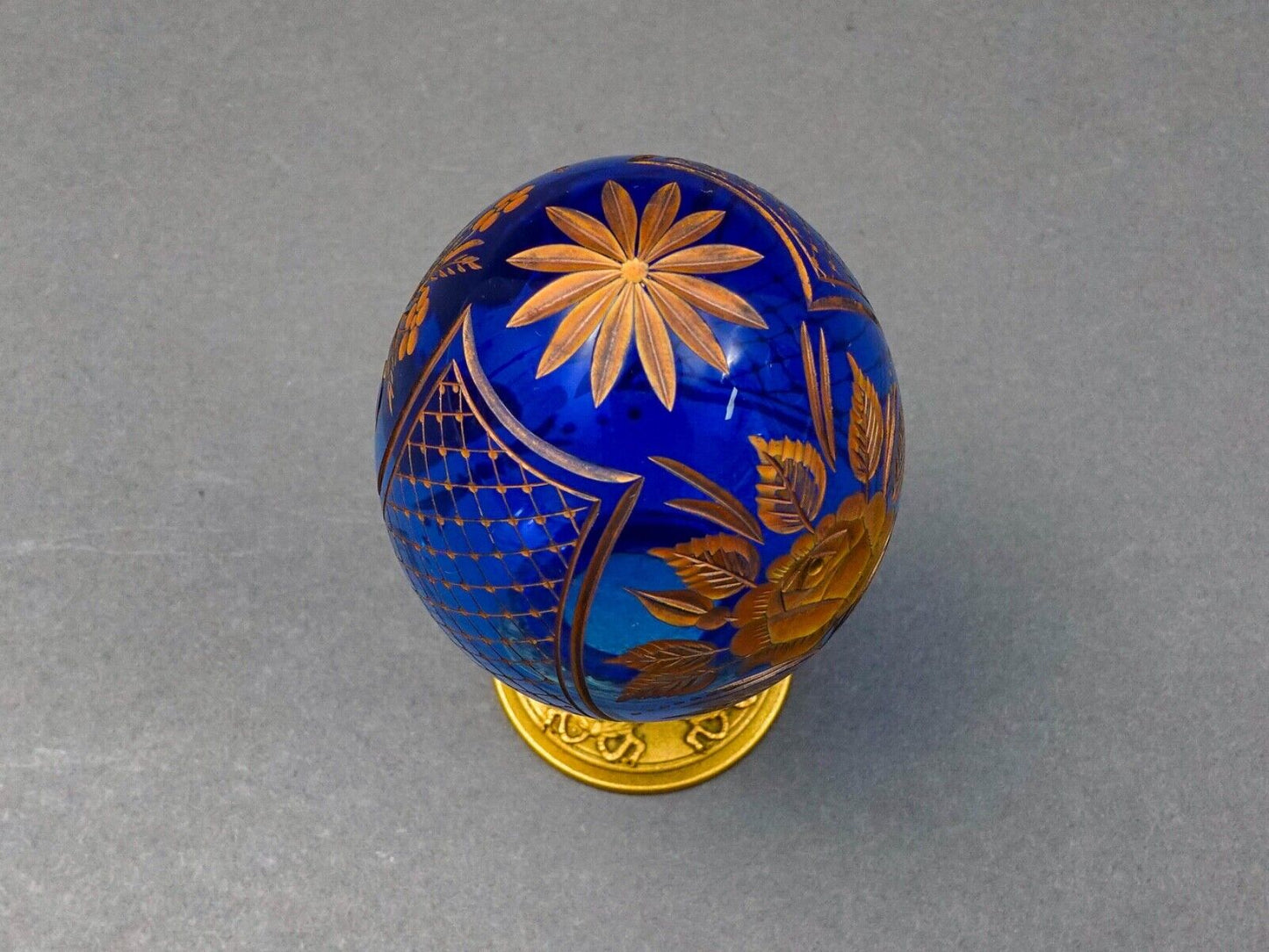 Faberge Cobalt Blue Cut Crystal Gold Gilt Rose Flower & Fruit Basket Egg #0681