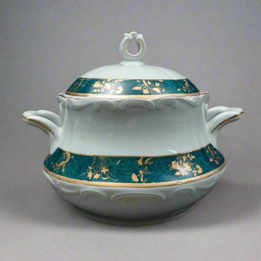 Cocema Fes Morocco Prestige Design Green & Gold Porcelain Covered Soup Tureen