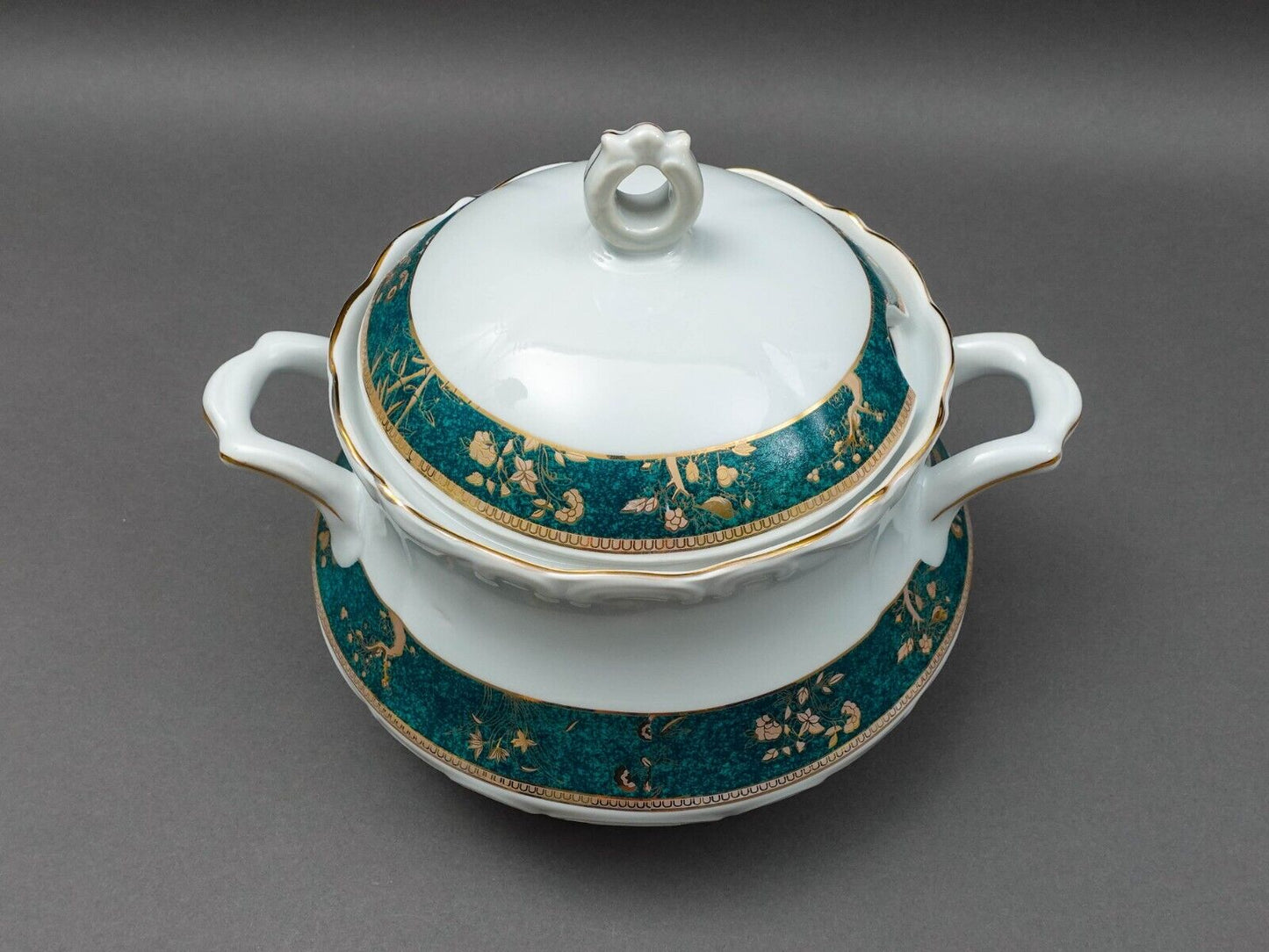 Cocema Fes Morocco Prestige Design Green & Gold Porcelain Covered Soup Tureen