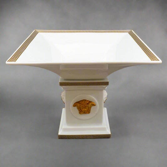 Versace Rosenthal Gorgona Medusa Gold Greek Key Porcelain Footed Candy Dish Bowl