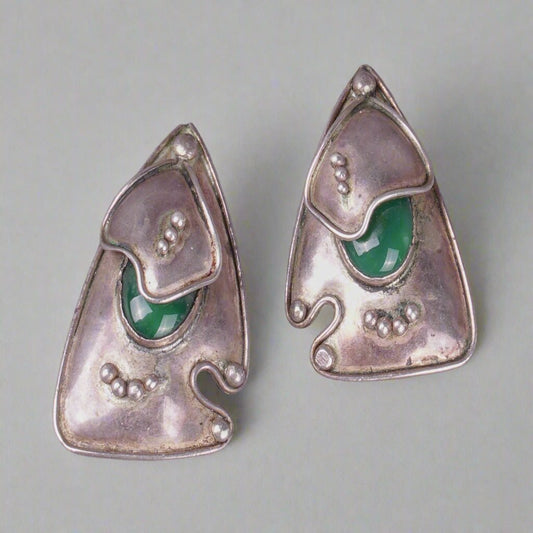Navajo Vintage Modernist AR .925 Sterling Silver Green Cabochon Earrings 25 G