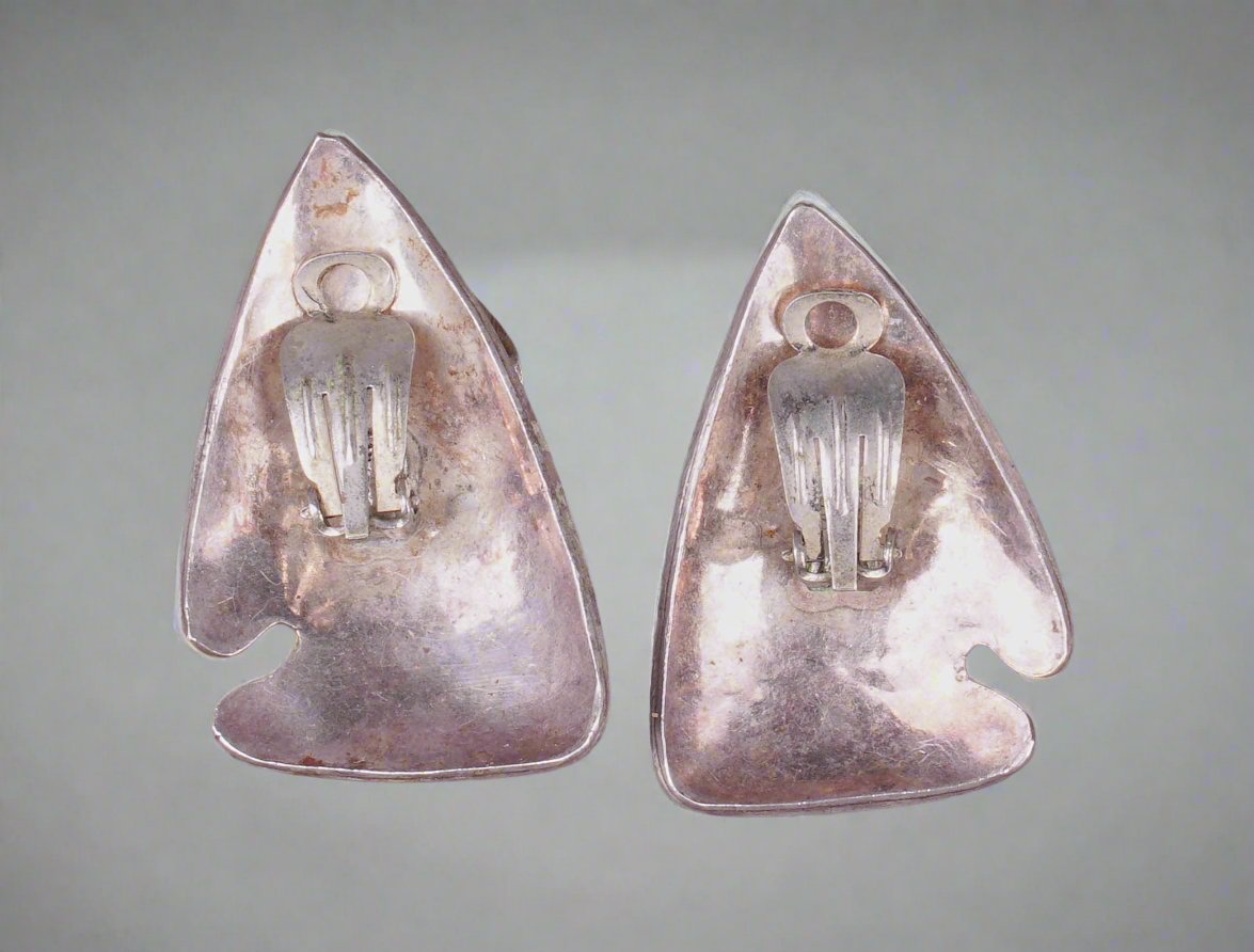 Navajo Vintage Modernist AR .925 Sterling Silver Green Cabochon Earrings 25 G