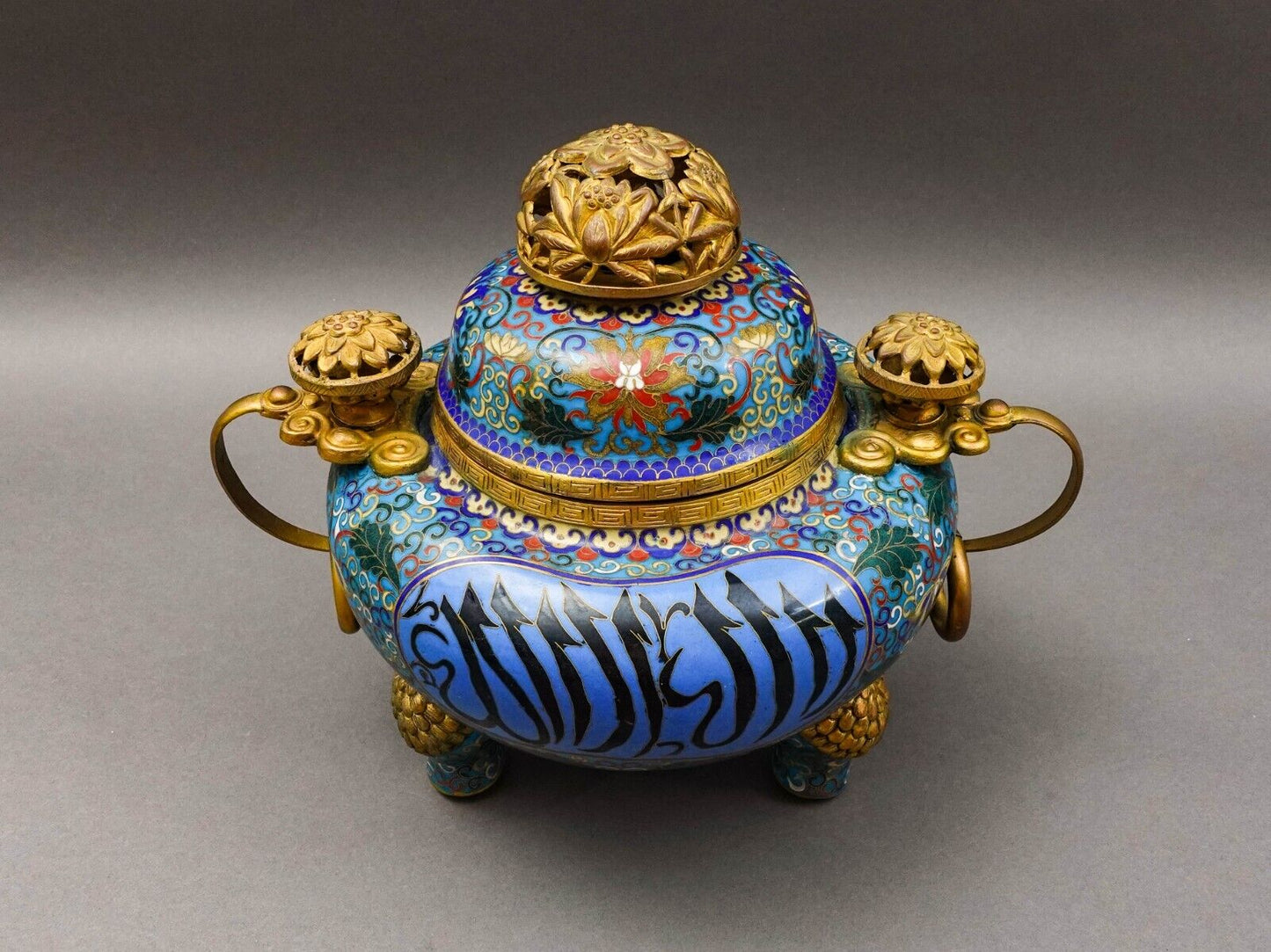 Antique Chinese Cloisonne Arabic Islamic Tripod Covered Censor Incense Burner