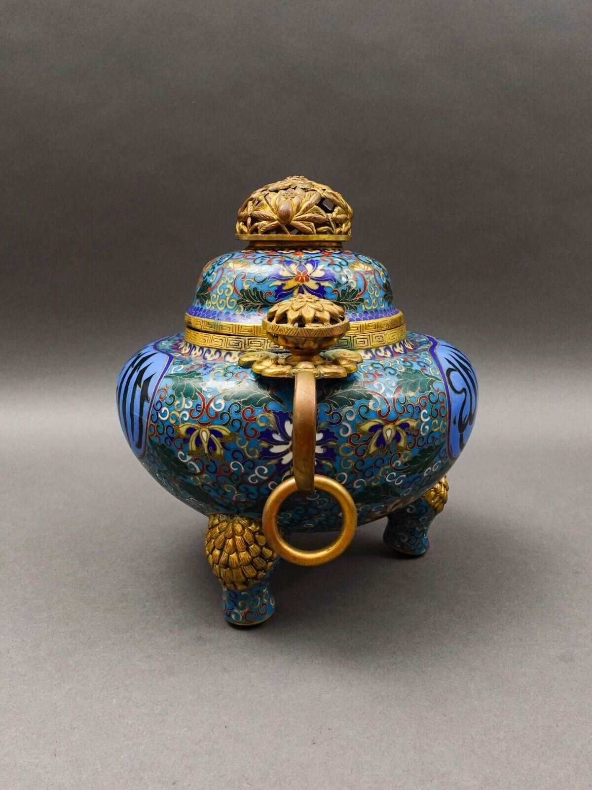 Antique Chinese Cloisonne Arabic Islamic Tripod Covered Censor Incense Burner