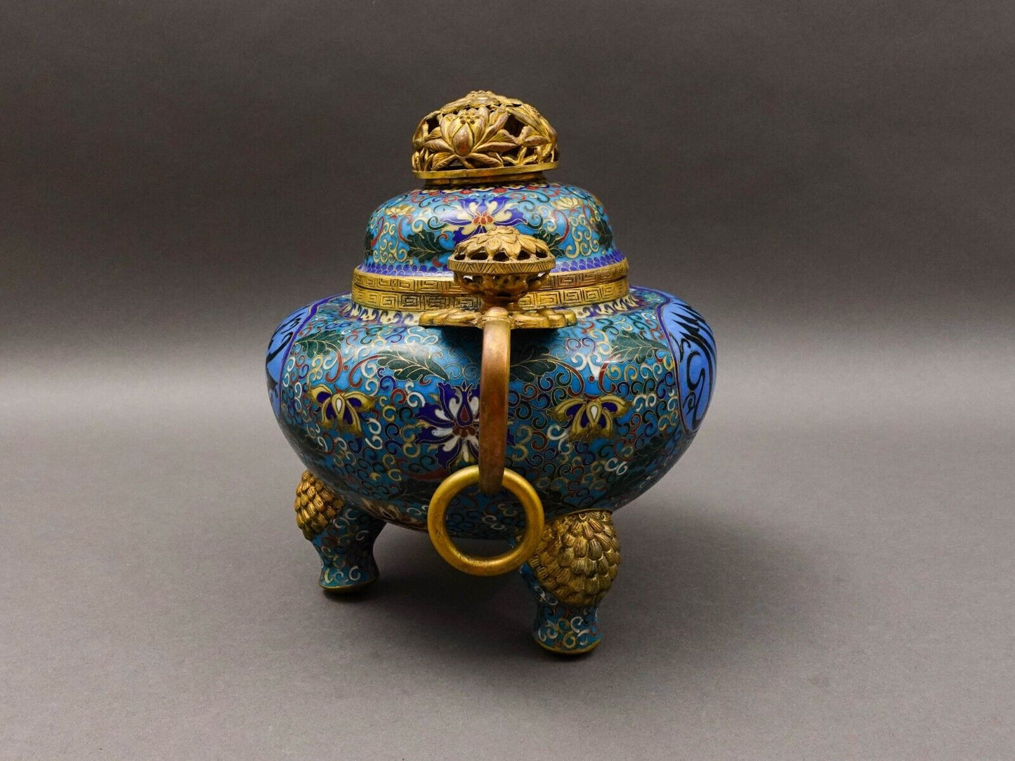 Antique Chinese Cloisonne Arabic Islamic Tripod Covered Censor Incense Burner