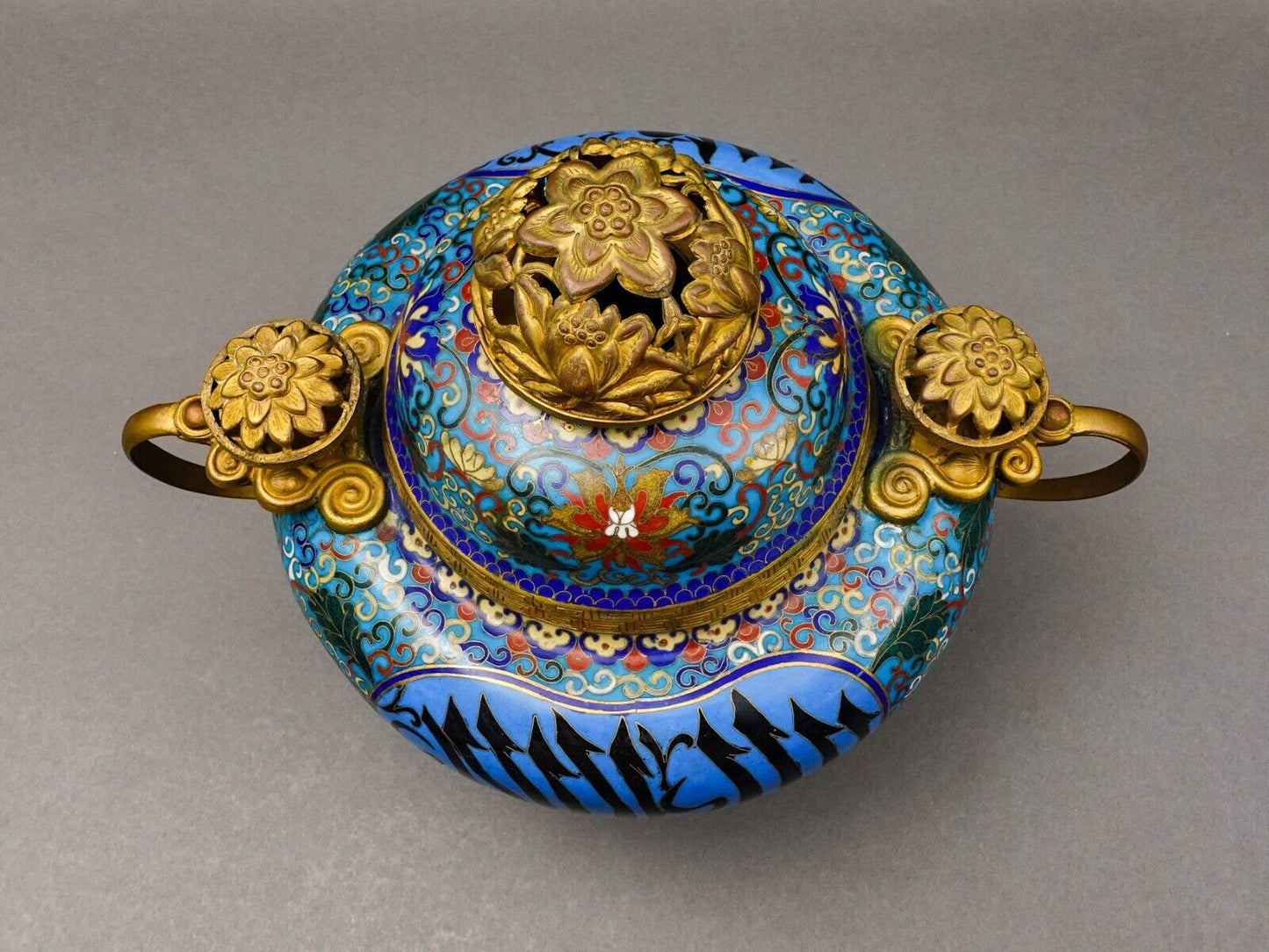 Antique Chinese Cloisonne Arabic Islamic Tripod Covered Censor Incense Burner