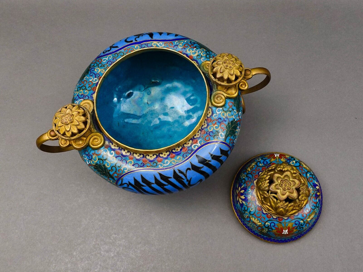 Antique Chinese Cloisonne Arabic Islamic Tripod Covered Censor Incense Burner