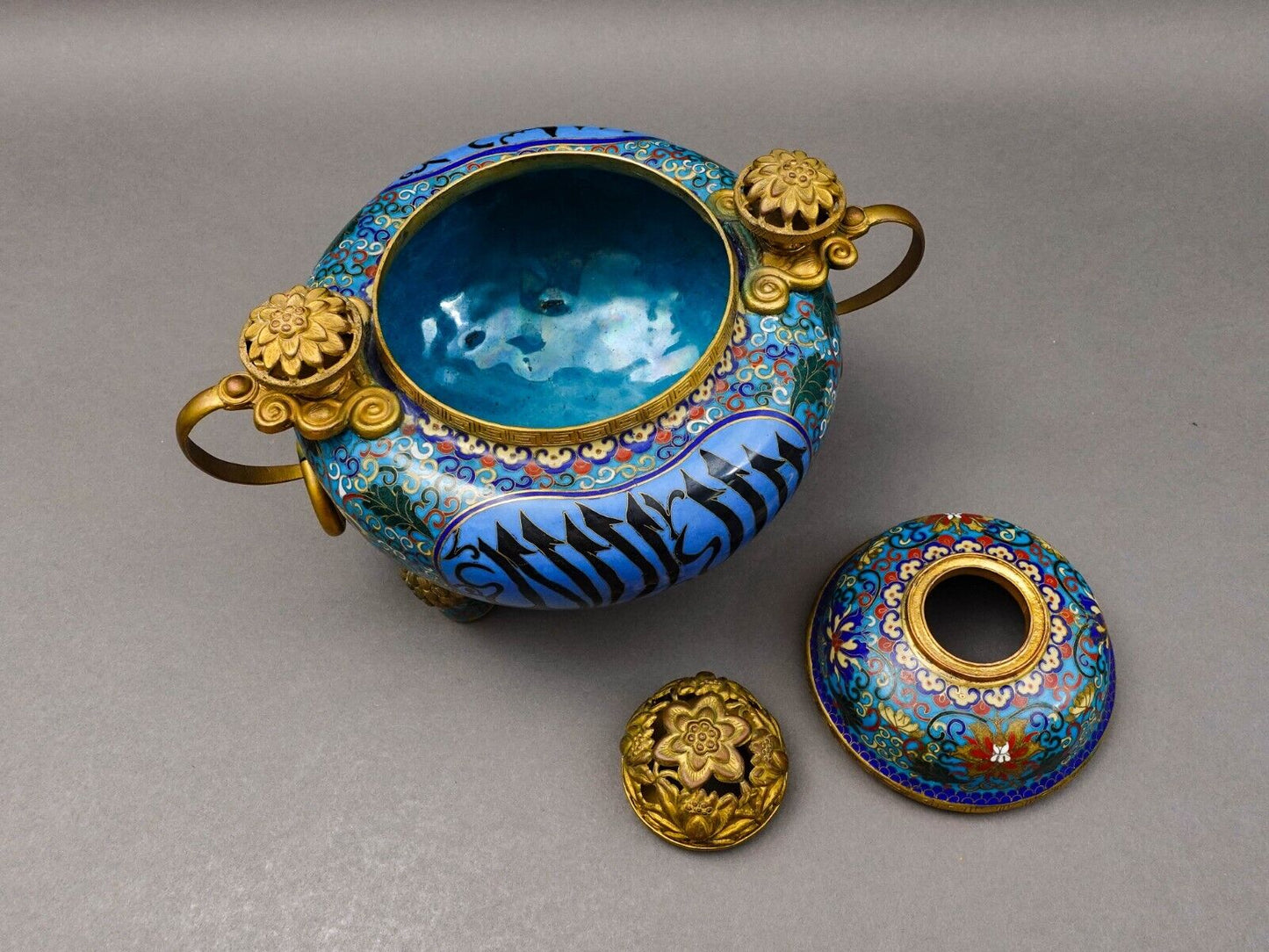 Antique Chinese Cloisonne Arabic Islamic Tripod Covered Censor Incense Burner