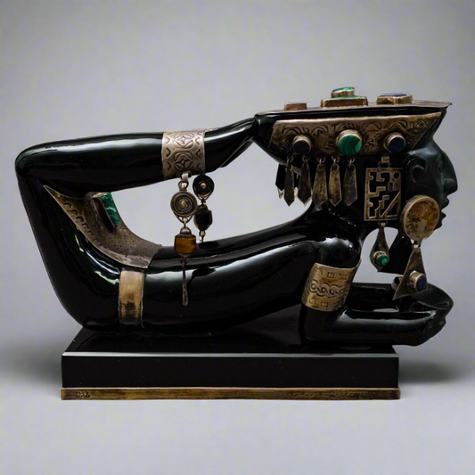 Obsidian Sterling Malachite Lapis Tiger Eye Teotihuacan Aztec Goddess Sculpture