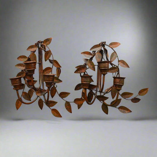 Curtis Jere 2000 Signed Metal Leaves Tole Wall Sconce Candelabra 3 Candle Holder