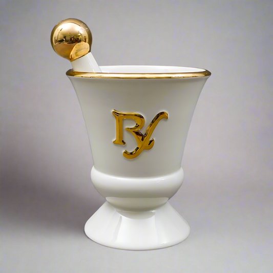 Owens Illinois Vintage Pharmacy Gold Porcelain Apothecary Mortar & Pestle Set