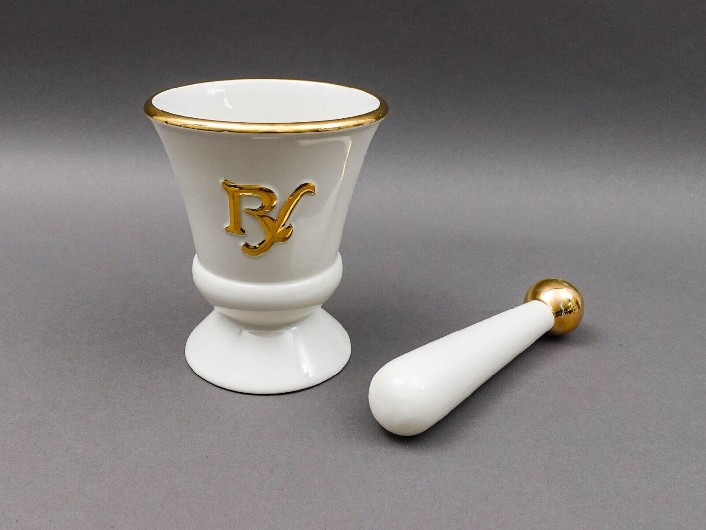 Owens Illinois Vintage Pharmacy Gold Porcelain Apothecary Mortar & Pestle Set