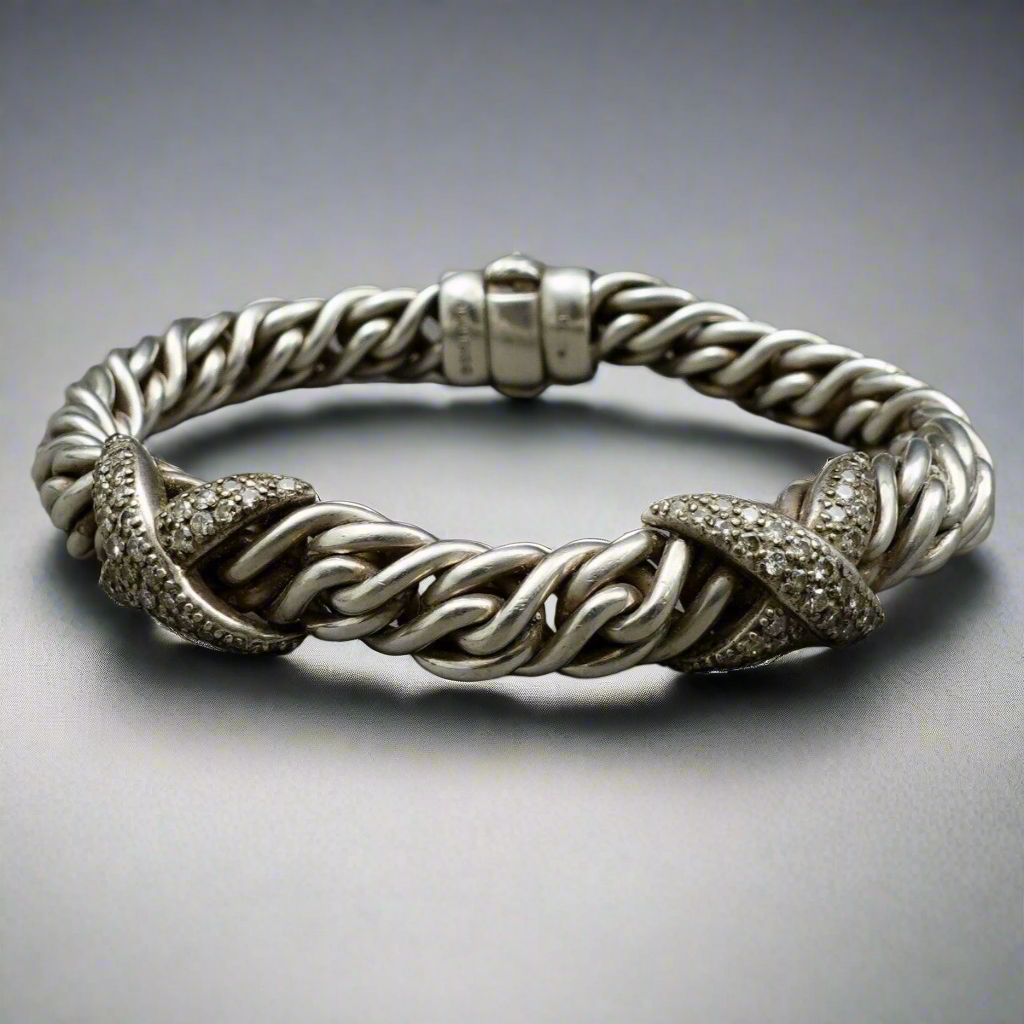 David Yurman Lyrica Double X Pave Diamond Sterling Silver Braided Link Bracelet
