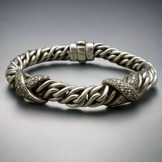 David Yurman Lyrica Double X Pave Diamond Sterling Silver Braided Link Bracelet