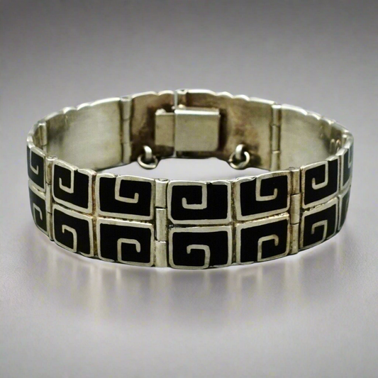 Margot De Taxco Mexican Vintage Sterling Silver Black Enamel Greek Key Bracelet